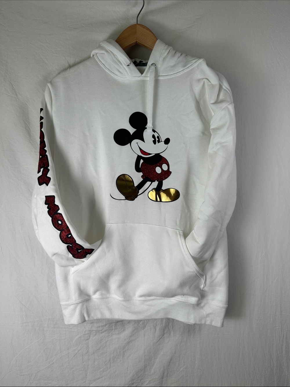 Fruit of the Loom White Mickey Mouse Graphic Crewneck with Gold & Red Accents